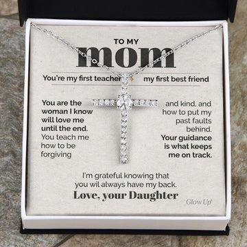 litzzy To my Mom - My First Teacher - CZ Cross Necklace Jewelry Two-Toned Box  