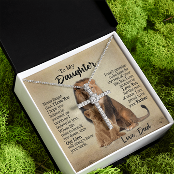litzzy To My Daughter - This Old Lion Will Always Have Your Back - CZ Cross Necklace jewelry Standard Box  