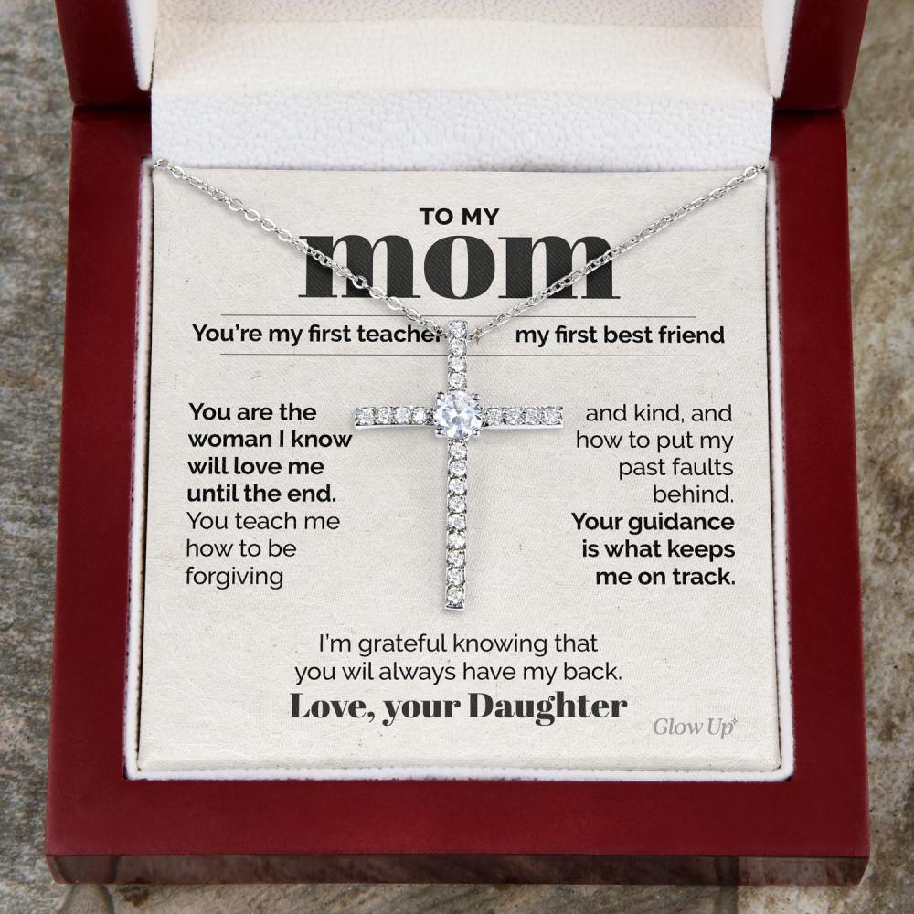 litzzy To my Mom - My First Teacher - CZ Cross Necklace Jewelry Style Luxury Box  