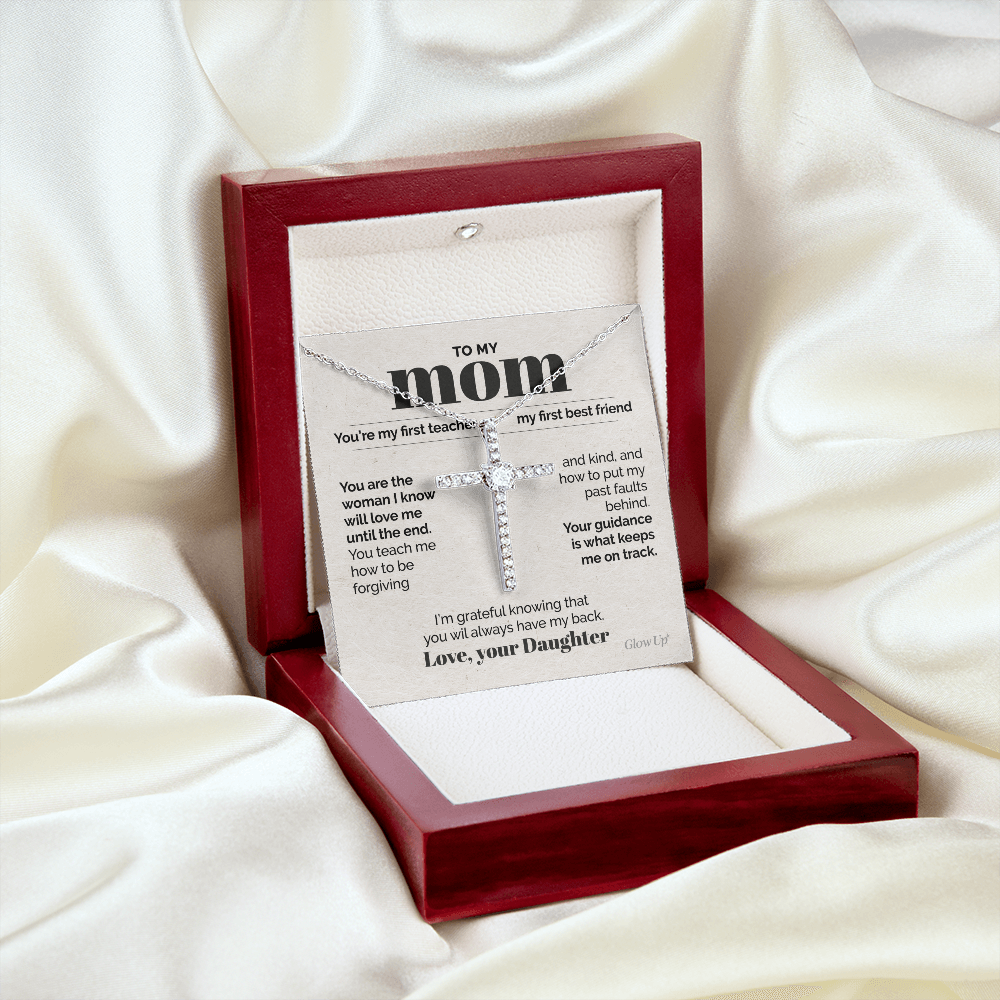 litzzy To my Mom - My First Teacher - CZ Cross Necklace Jewelry   