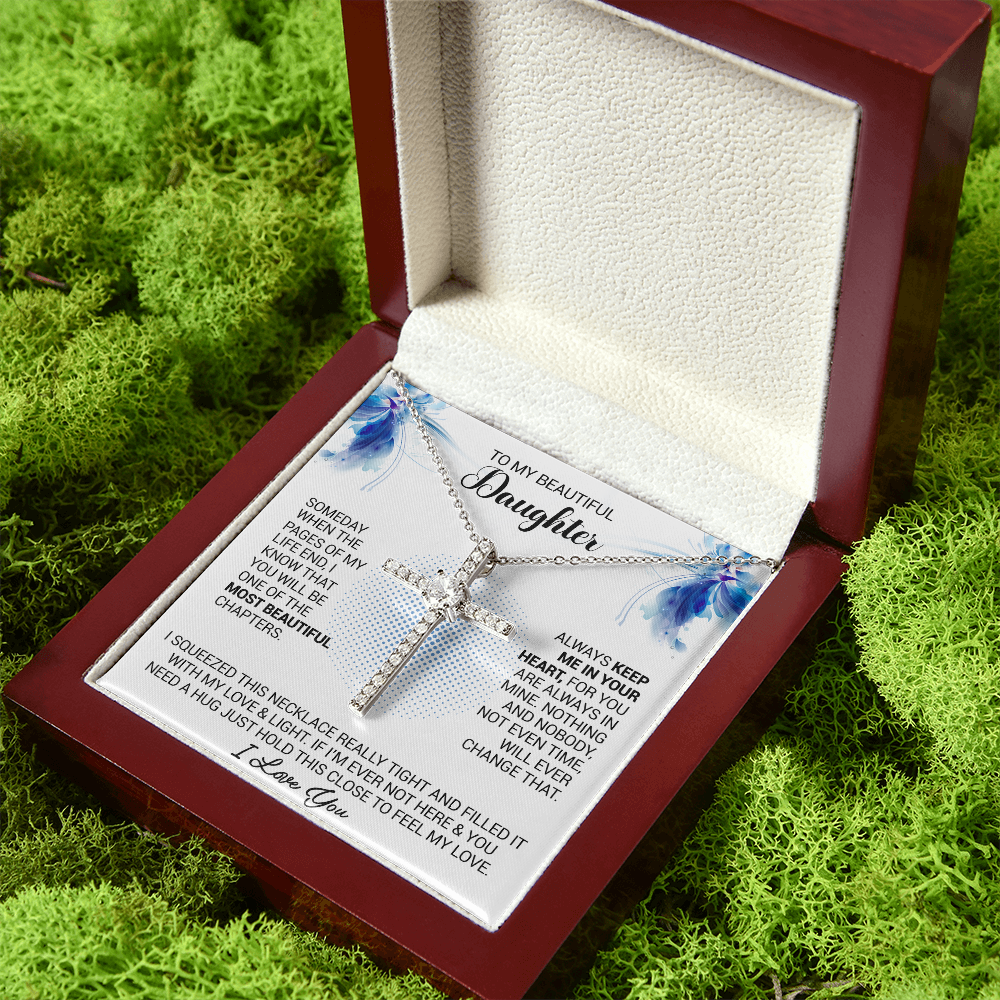 litzzy To My Beautiful Daughter - Always Keep Me In Your Heart - CZ Cross Necklace jewelry Mahogany Style Luxury Box  
