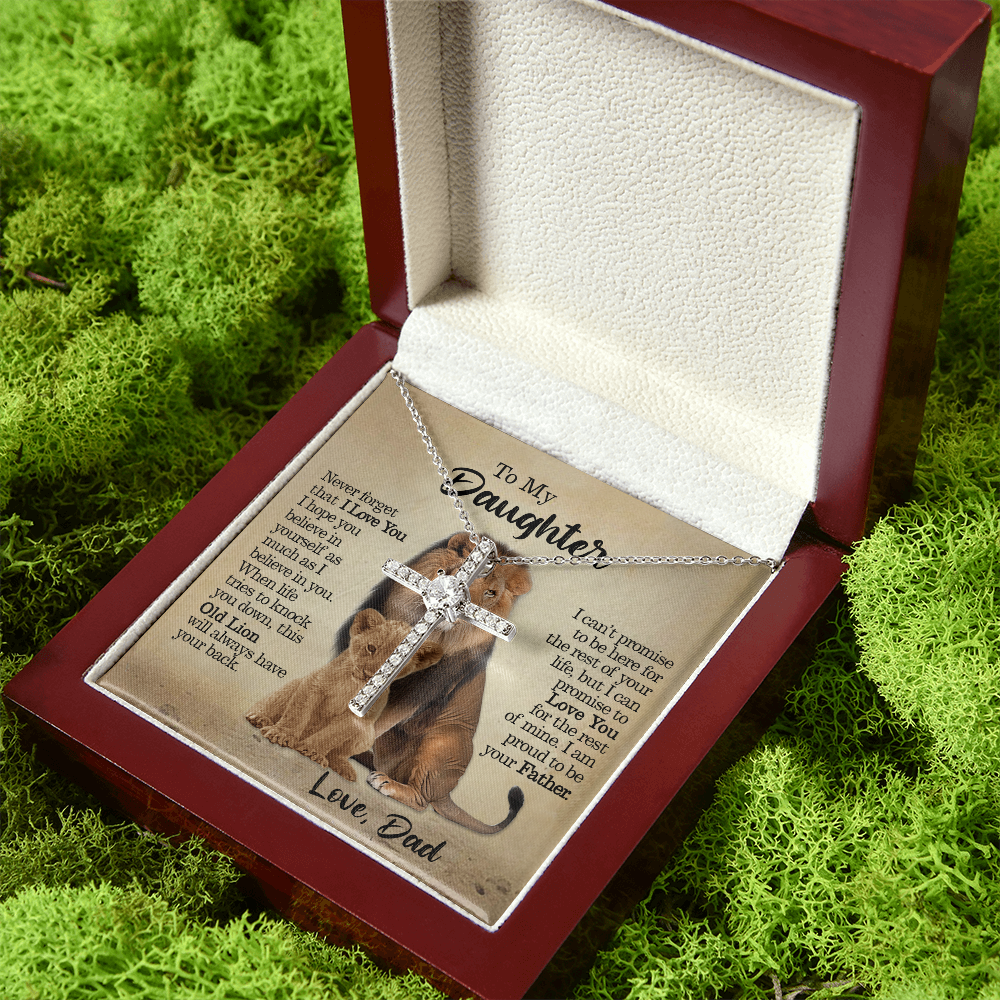 litzzy To My Daughter - This Old Lion Will Always Have Your Back - CZ Cross Necklace jewelry Mahogany Style Luxury Box  