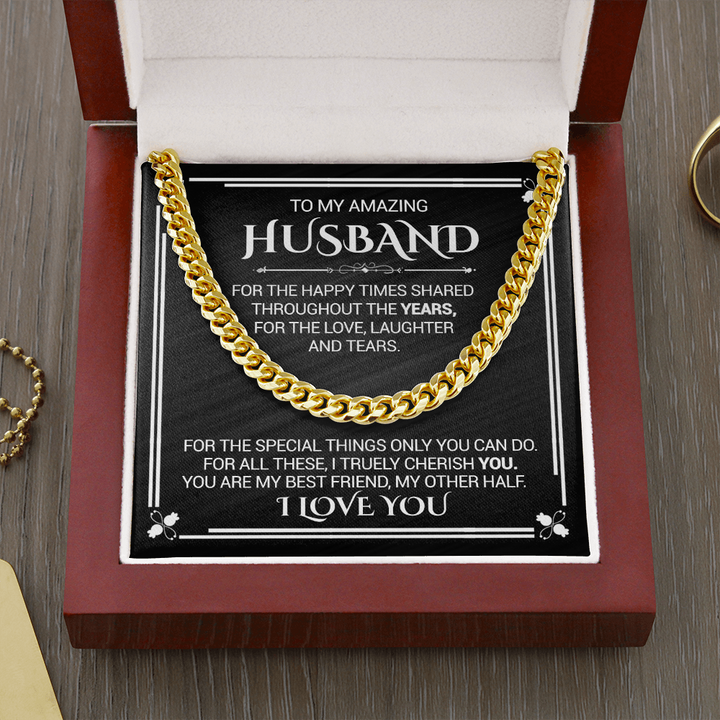 litzzy To My Amazing Husband - For The Happy Times Shared Throughout The Years - Cuban Link Necklace - To My Husband, Gift For Husband Jewelry 18K Gold Finish  