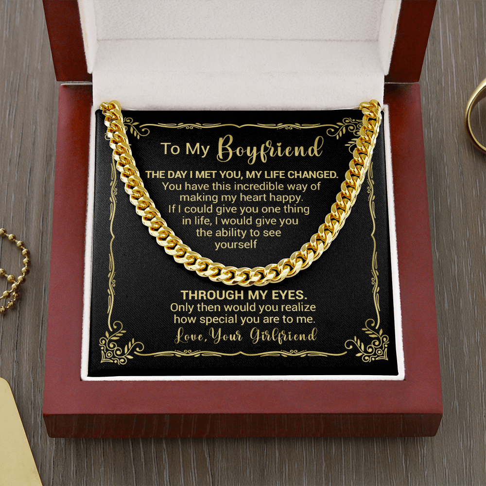 litzzy To My Boyfriend - The Day I Met You My Life Changed - Cuban Link Necklace - To My Boyfriend, Gift For Boyfriend Jewelry Cuban Link Chain (14K Gold Over Stainless Steel)  