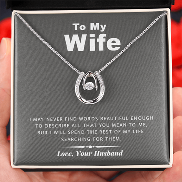 litzzy To my Wife - Never Find Words - Lucky in Love Necklace - Necklace Gift For Her, Wife, Girlfriend, Anniversary, Wedding, Valentine, Birthday with Message Card Jewelry Standard Box  