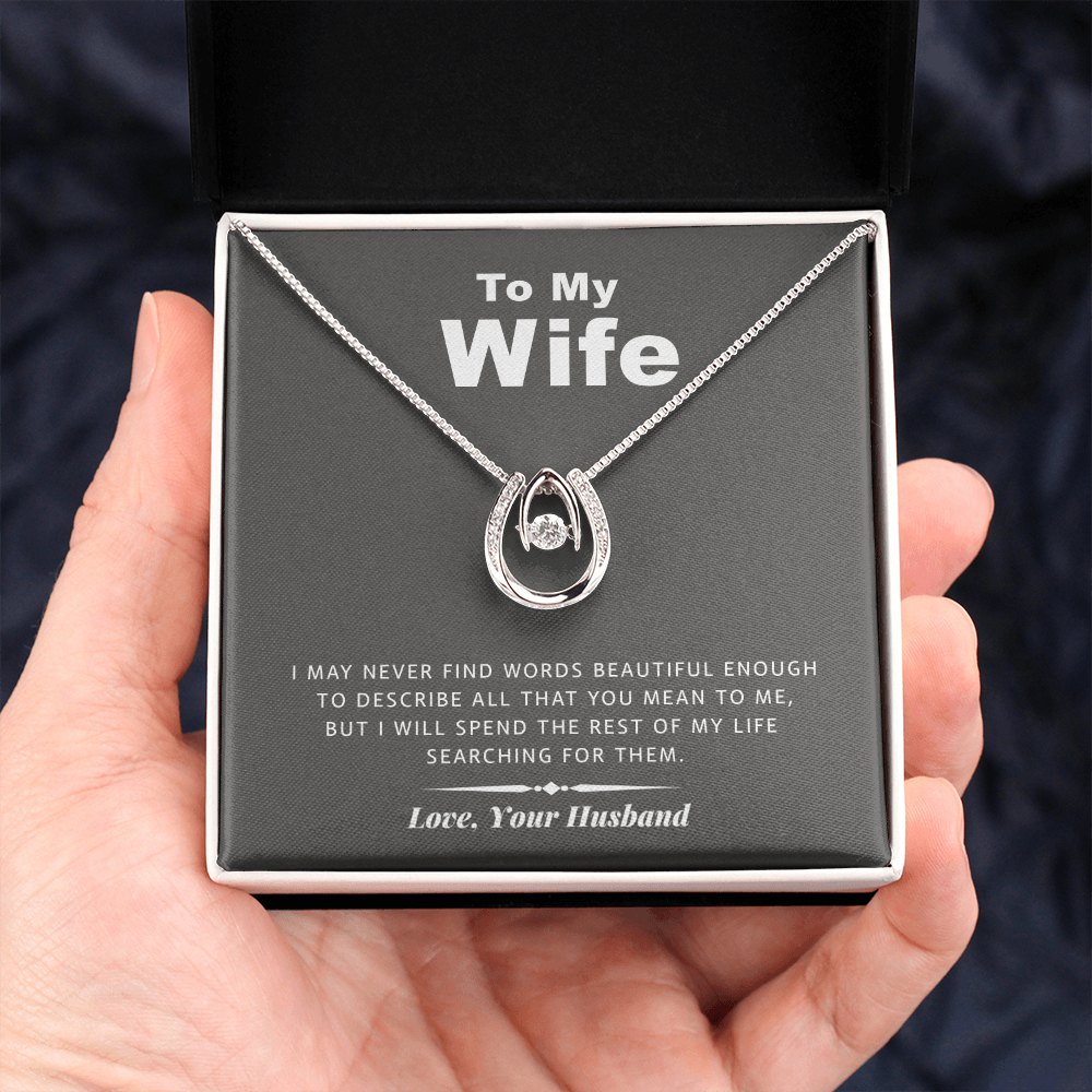 litzzy To my Wife - Never Find Words - Lucky in Love Necklace - Necklace Gift For Her, Wife, Girlfriend, Anniversary, Wedding, Valentine, Birthday with Message Card Jewelry   