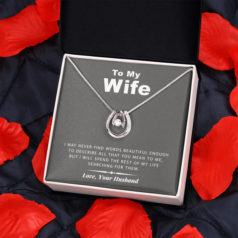 litzzy To my Wife - Never Find Words - Lucky in Love Necklace - Necklace Gift For Her, Wife, Girlfriend, Anniversary, Wedding, Valentine, Birthday with Message Card Jewelry   