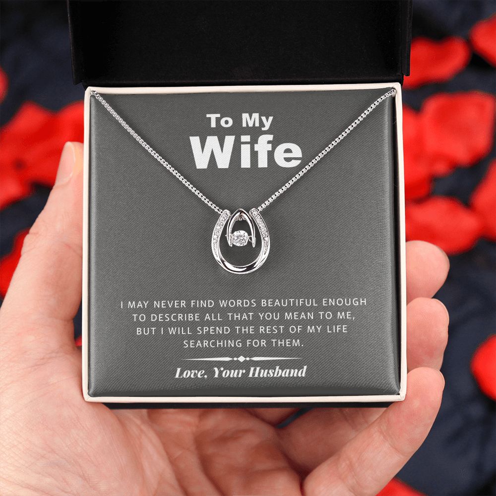 litzzy To my Wife - Never Find Words - Lucky in Love Necklace - Necklace Gift For Her, Wife, Girlfriend, Anniversary, Wedding, Valentine, Birthday with Message Card Jewelry   