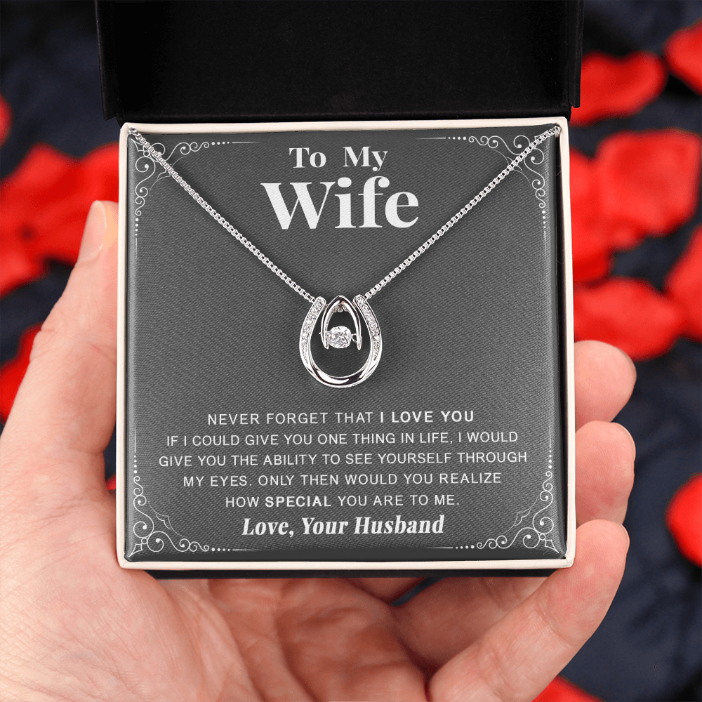 litzzy To my Wife - Never forget that I love you - Lucky in Love Necklace - Necklace Gift For Her, Wife, Girlfriend, Anniversary, Wedding, Valentine, Birthday with Message Card Jewelry   