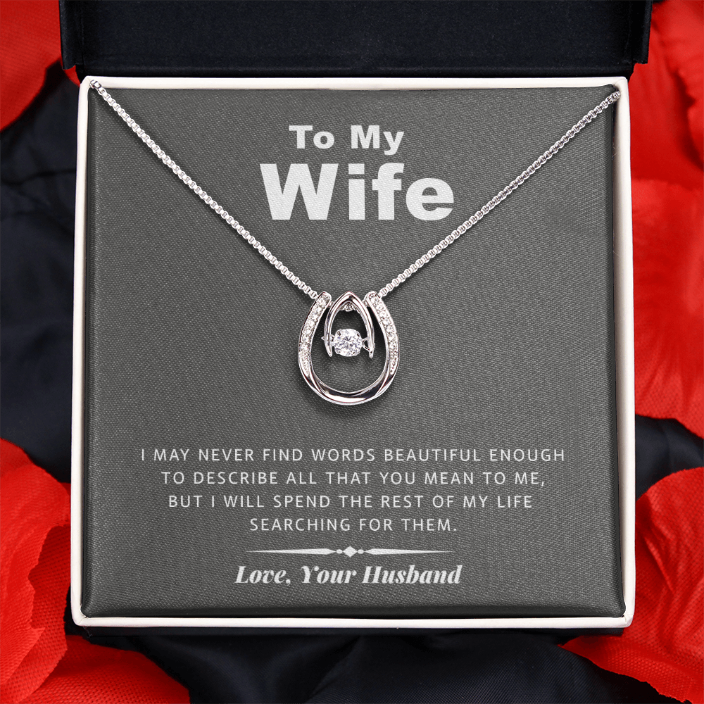 litzzy To my Wife - Never Find Words - Lucky in Love Necklace - Necklace Gift For Her, Wife, Girlfriend, Anniversary, Wedding, Valentine, Birthday with Message Card Jewelry   