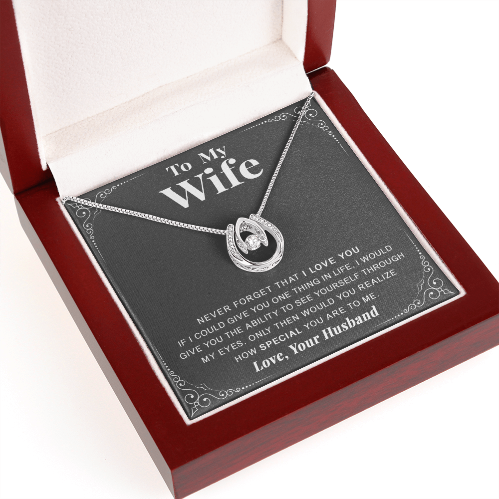 litzzy To my Wife - Never forget that I love you - Lucky in Love Necklace - Necklace Gift For Her, Wife, Girlfriend, Anniversary, Wedding, Valentine, Birthday with Message Card Jewelry Mahogany Style Luxury Box with LED  