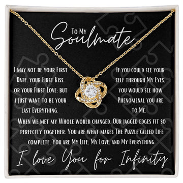 litzzy To My Soulmate - Love Puzzle Soulmate Message Card - Soulmate Gift, Soulmate Jewelry Gift For Wife, Girlfriend - Litzzy Love Knot Necklace Jewelry 18k Yellow Gold Finish Standard Box 