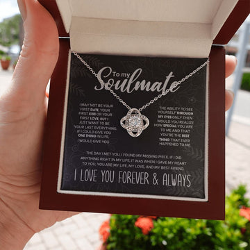 litzzy To My Soulmate - "My Life, Love & Best Friend" Sparkling Pendant - Love Knot Necklace Gift Set - Gift For Soulmate Jewelry 14K White Gold Finish Luxury Box 