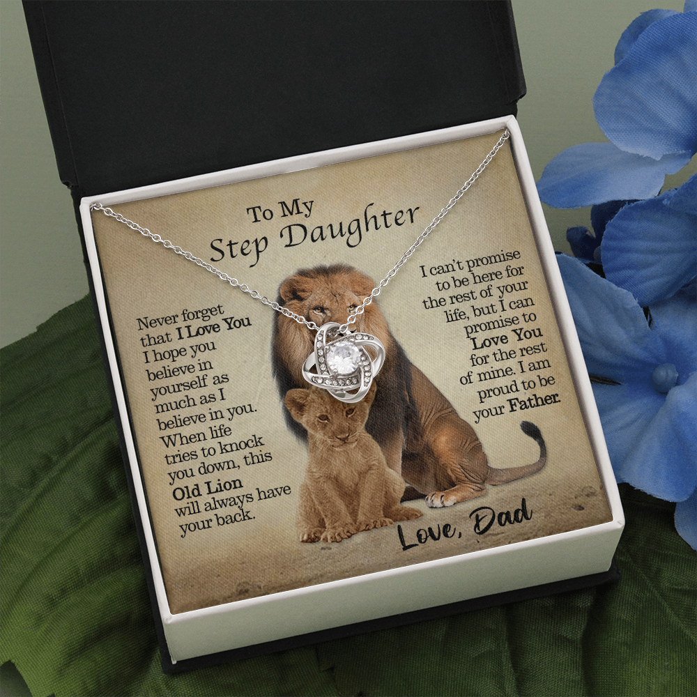 litzzy To My Step Daughter - This Old Lion Will Always Have Your Back - Love Knot Necklace jewelry Two Toned Box  