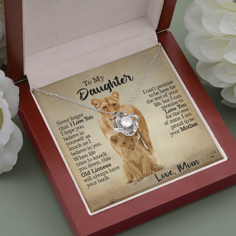 litzzy To My Daughter - This Old Lioness Will Always Have Your Back - Love Knot Necklace jewelry Mahogany Style Luxury Box (w/LED)  