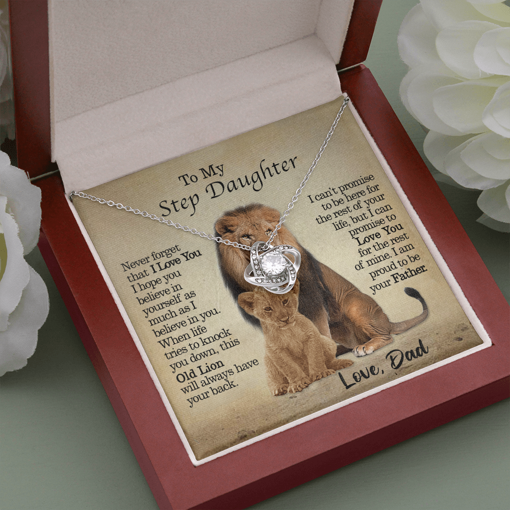 litzzy To My Step Daughter - This Old Lion Will Always Have Your Back - Love Knot Necklace jewelry Mahogany Style Luxury Box (w/LED)  