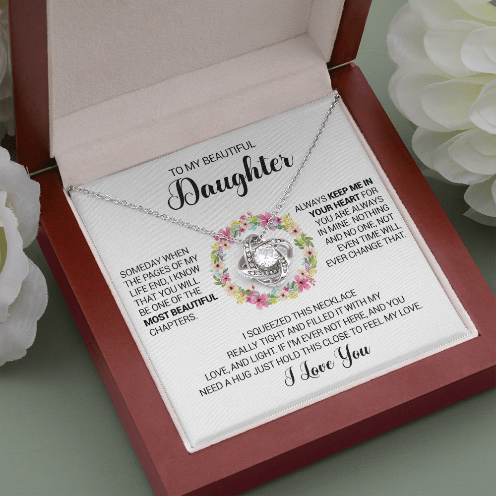 litzzy To My Beautiful Daughter - Always Keep Me In Your Heart - Love Knot Necklace jewelry Mahogany Style Luxury Box (w/LED)  