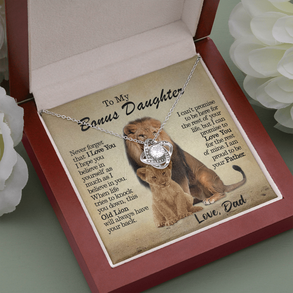litzzy To My Bonus Daughter - This Old Lion Will Always Have Your Back - Love Knot Necklace jewelry Mahogany Style Luxury Box (w/LED)  