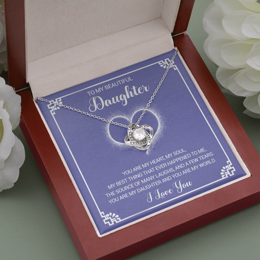 litzzy To My Beautiful Daughter - You Are My Heart My Soul - Love Knot Necklace jewelry Mahogany Style Luxury Box (w/LED)  