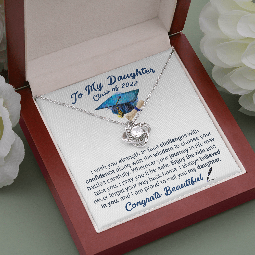 litzzy To My Daughter Class Of 2022 - Never Forget Your Way Back Home - Love Knot Necklace jewelry Mahogany Style Luxury Box (w/LED)  