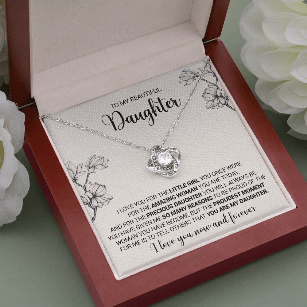 litzzy To My Beautiful Daughter - I Love You For The Little Girl You Once Were - Love Knot Necklace jewelry Mahogany Style Luxury Box (w/LED)  
