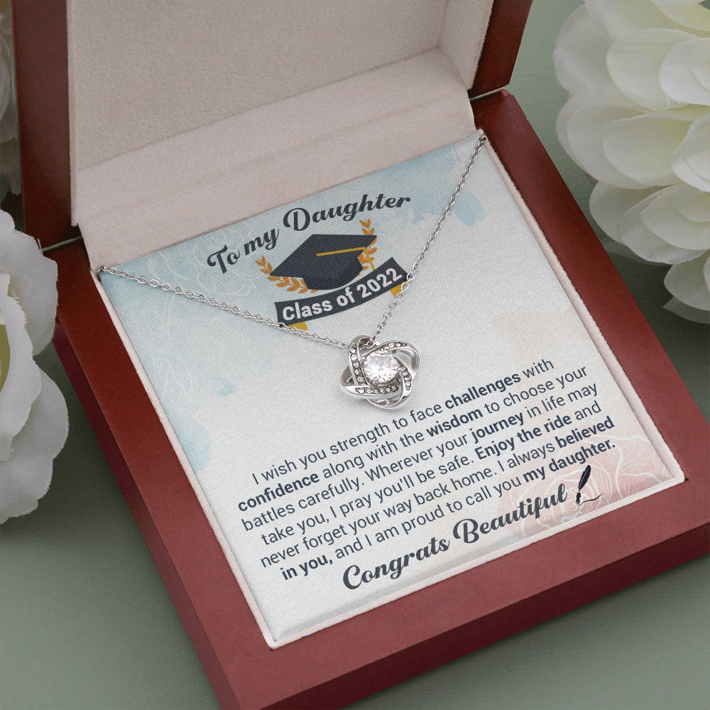 litzzy To My Daughter Class Of 2022 - Never Forget Your Way Back Home - Love Knot Necklace jewelry Mahogany Style Luxury Box (w/LED)  