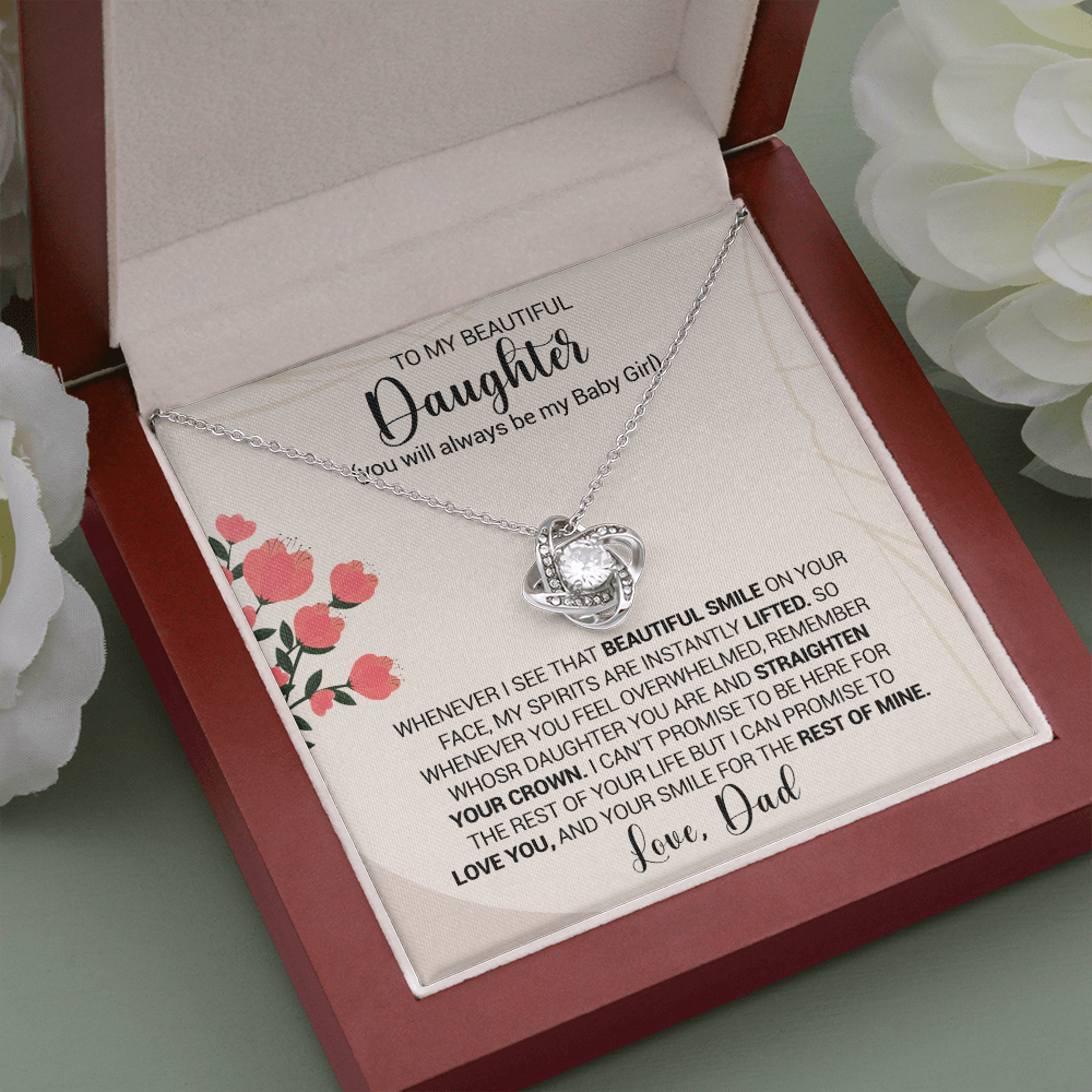 litzzy To My Beautiful Daughter - Whenever I see That Beautiful Smile - Love Knot Necklace jewelry Mahogany Style Luxury Box (w/LED)  