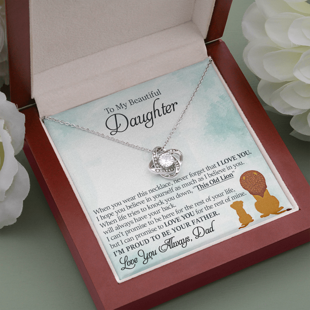 litzzy To My Beautiful Daughter - This Old Lion Will Always Have Your Back - Love Knot Necklace jewelry Mahogany Style Luxury Box (w/LED)  