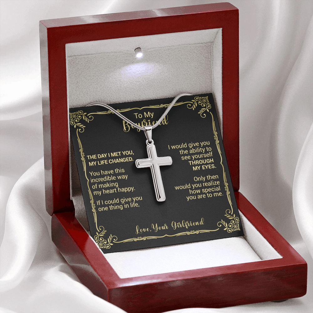 litzzy To My Boyfriend - The Day I Met You My Life Changed - Cross Necklace - To My Boyfriend, Gift For Boyfriend Jewelry Mahogany Style Luxury Box (w/LED)  