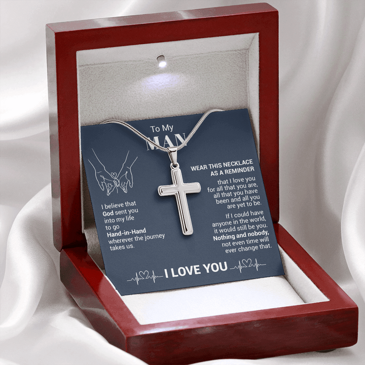 litzzy To My Man - I Believe That God Sent You Into My Life - Cross Necklace - To My Husband, Gift For Husband Jewelry Mahogany Style Luxury Box (W/LED)  