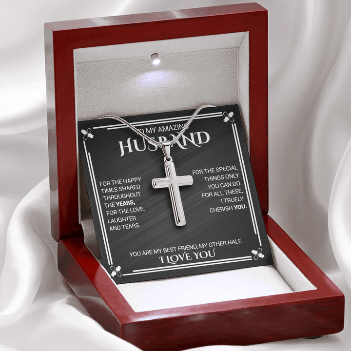 litzzy To My Amazing Husband - For The Happy Times Shared Throughout The Years - Cross Necklace - To My Husband, Gift For Husband Jewelry Mahogany Style Luxury Box (W/LED)  