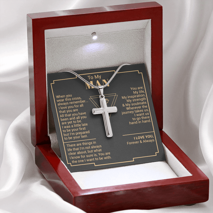 litzzy To My Man - You Are My Strength - Cross Necklace - To My Husband, Gift For Husband Jewelry Mahogany Style Luxury Box (W/LED)  