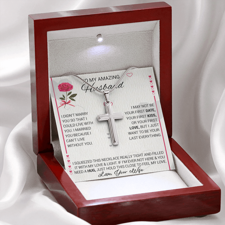 litzzy To My Amazing Husband - I Married You Because I Cant Live Without You - Cross Necklace - To My Husband, Gift For Husband Jewelry Mahogany Style Luxury Box (W/LED)  