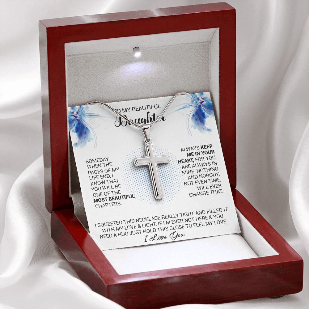 litzzy To My Beautiful Daughter - Always Keep Me In Your Heart - Cross Necklace jewelry Mahogany Style Luxury Box (w/LED)  