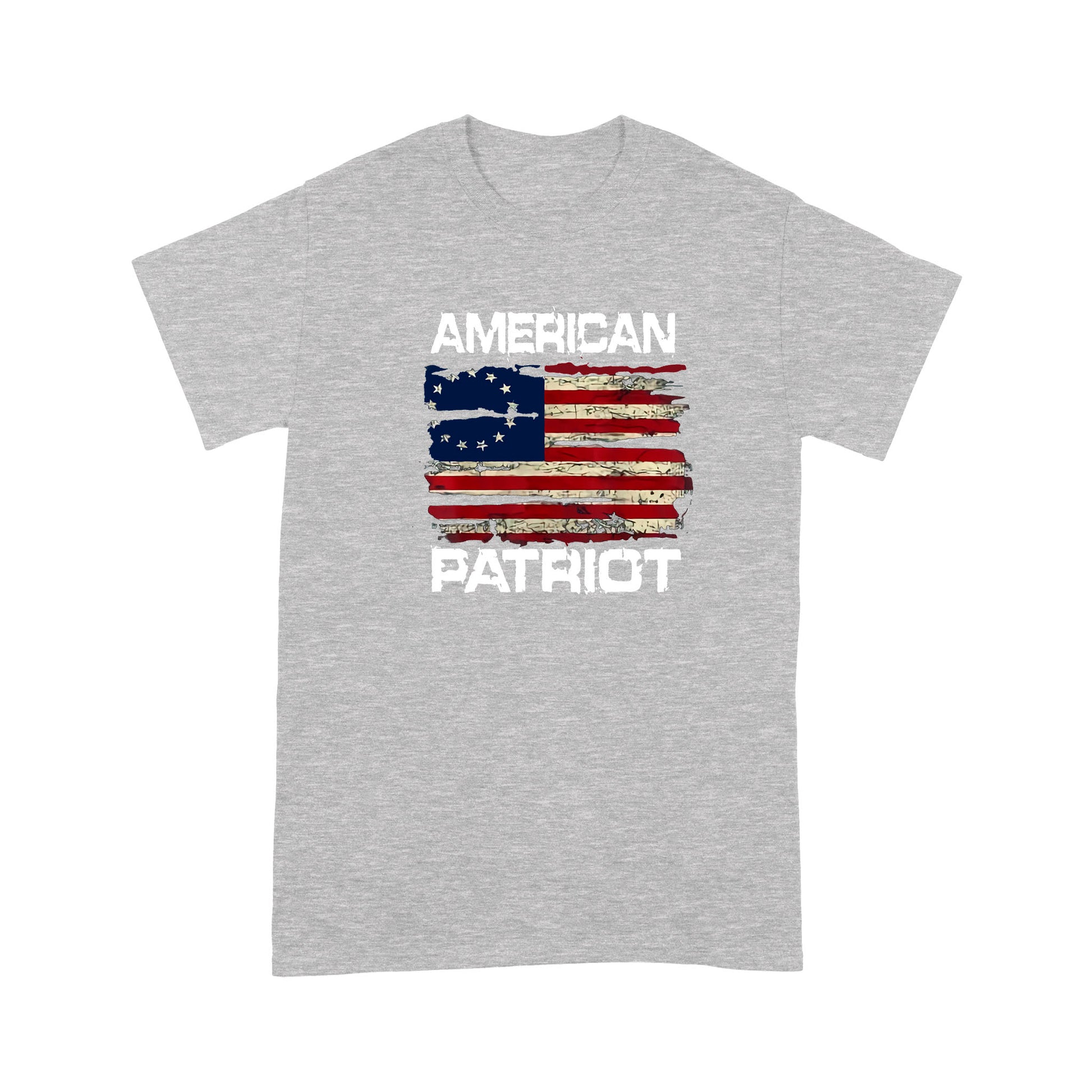 litzzy Patriort Day American Flag T-shirt | Made in US  S Heather Grey 