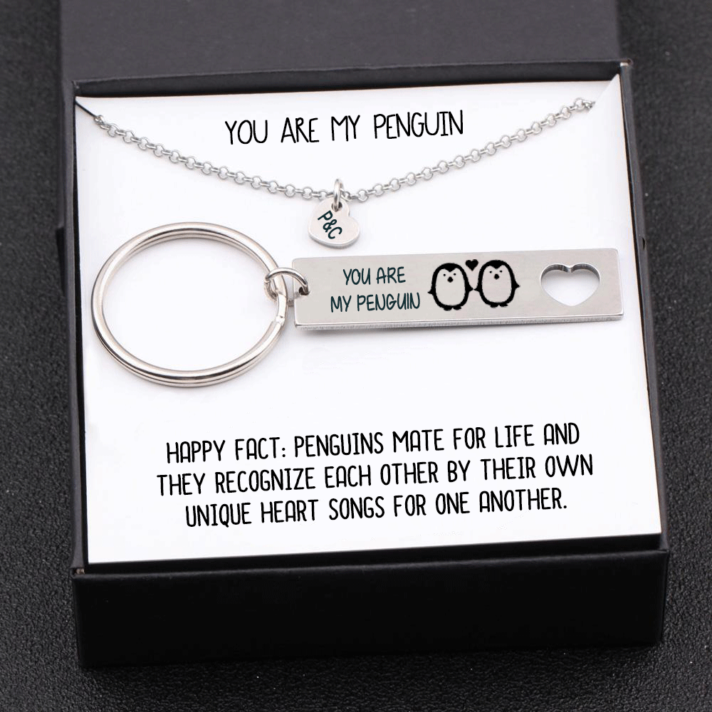 litzzy Personailzed Keychain and Heart Necklace Gift Box You Are My Penguin Couple Gifts Jewelry   