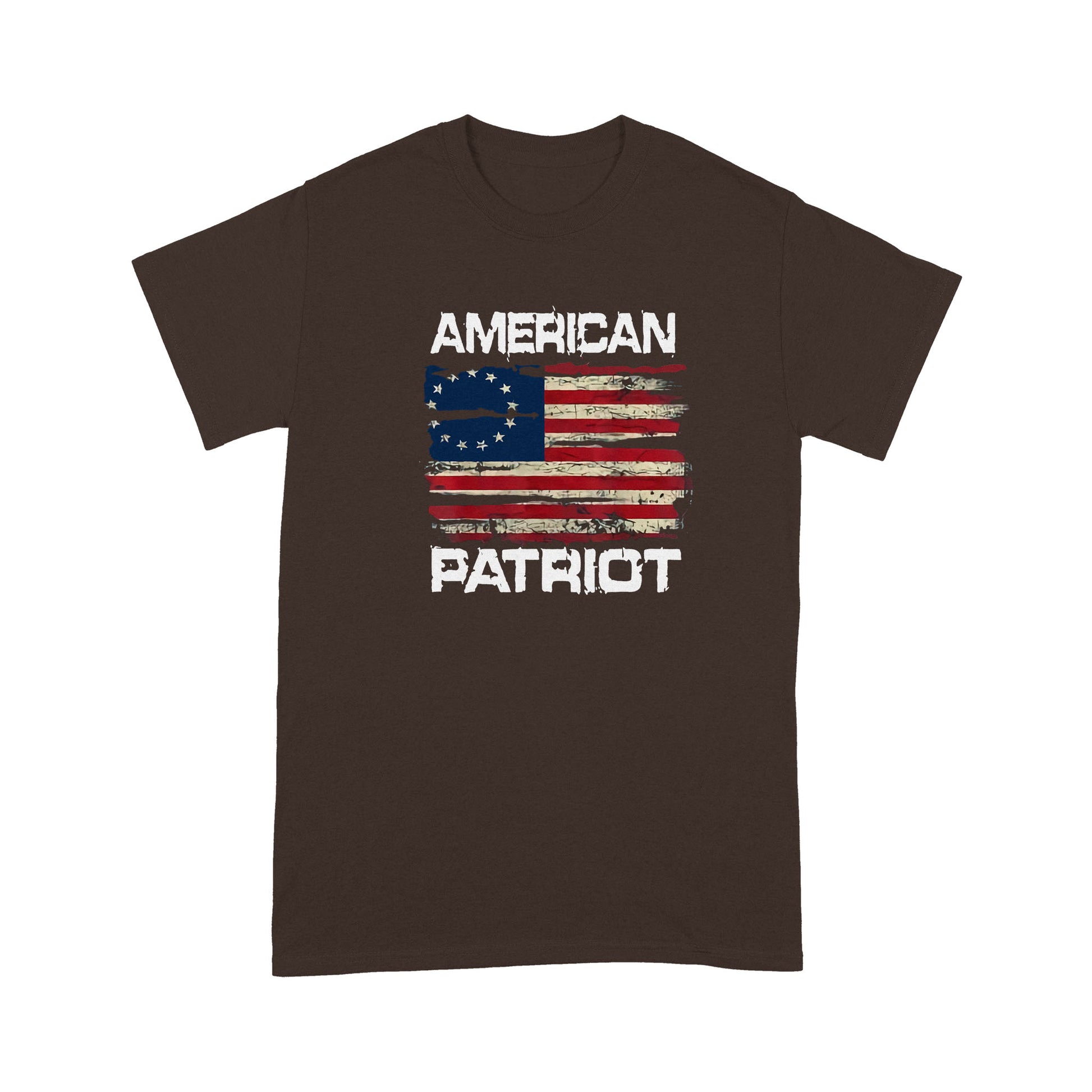 litzzy Patriort Day American Flag T-shirt | Made in US  S Brown 