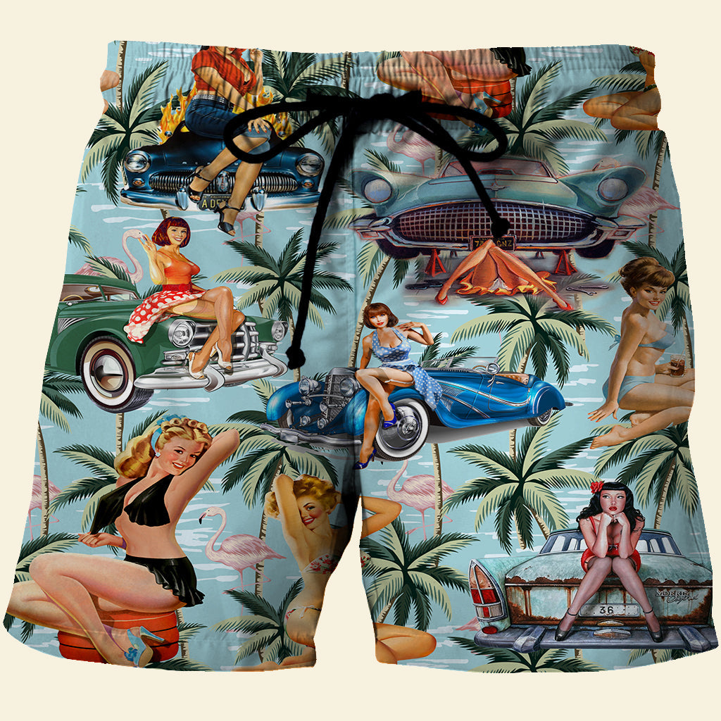 litzzy Classic Car Pinup Girl Shirt and Beach Shorts - Gift For Car Lovers Hawaiian Shirt For Men, Woman, Litzzy Aloha Shirt Hawaii Shirt   