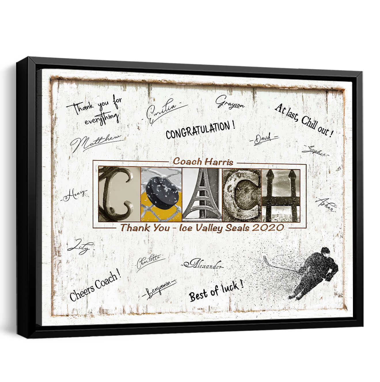 litzzy Hockey Coach Personalized Gift, Thank You Gift For All The Team To Sign, End Of Year Guest Book Printable Gift Canvas Wall Art   