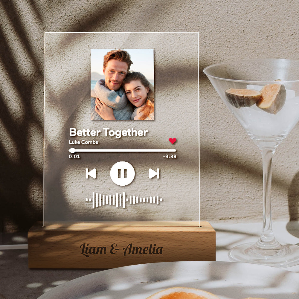 litzzy Personalized Scannable Song Plaque Photo Night Light With Engraved Wooden Base Acrylic Plaque   