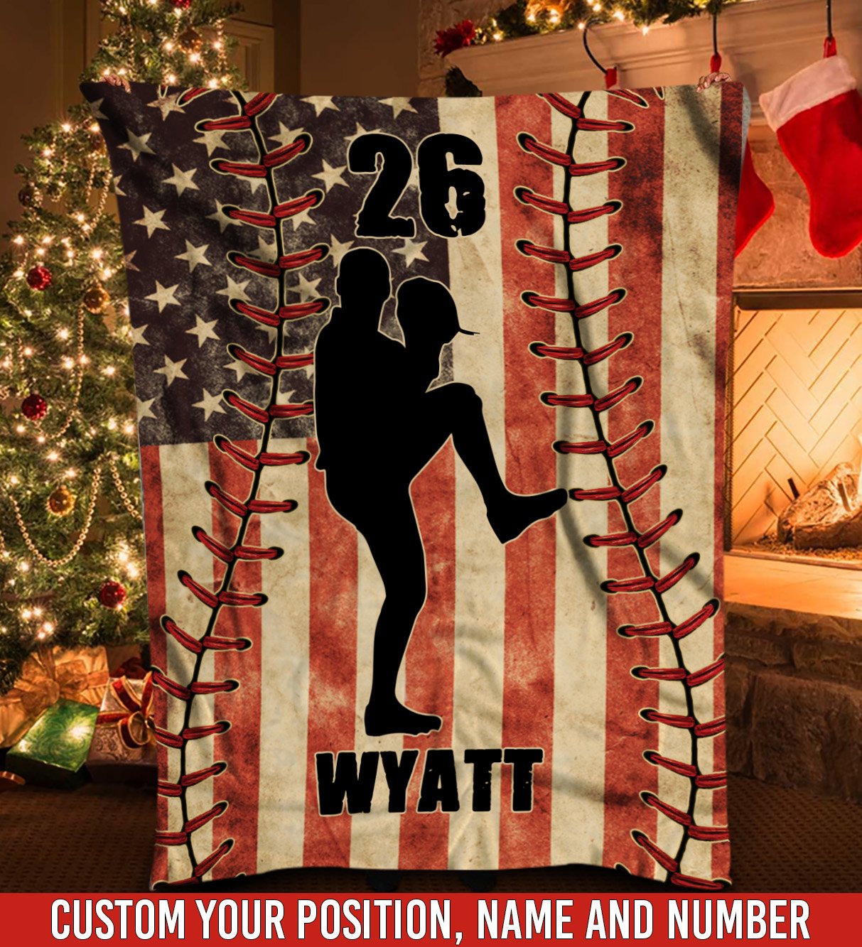 litzzy Personalized Baseball Player American Flag Fleece Blanket - Nh1811201 Quilt Blanket   