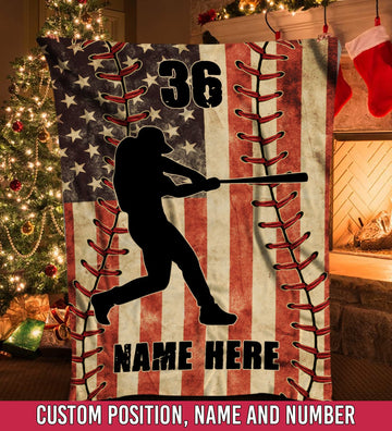 litzzy Personalized Baseball Player American Flag Fleece Blanket - Nh1811201 Quilt Blanket   