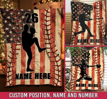 litzzy Personalized Baseball Player American Flag Fleece Blanket - Nh1811201 Quilt Blanket   