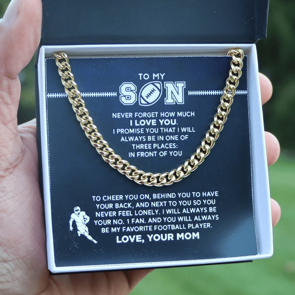 litzzy Cuban Link Necklace - My Football Son, #1 Fan, From Mom - To My Son Gift, Son Love Football Jewelry 14K Yellow Gold Finish Standard Box 