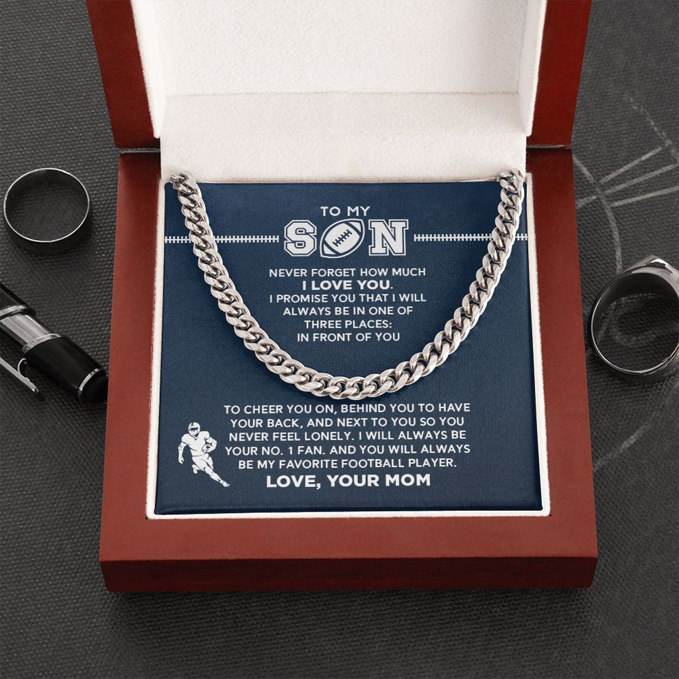 litzzy Cuban Link Necklace - My Football Son, #1 Fan, From Mom - To My Son Gift, Son Love Football Jewelry Stainless Steel Luxury Box 