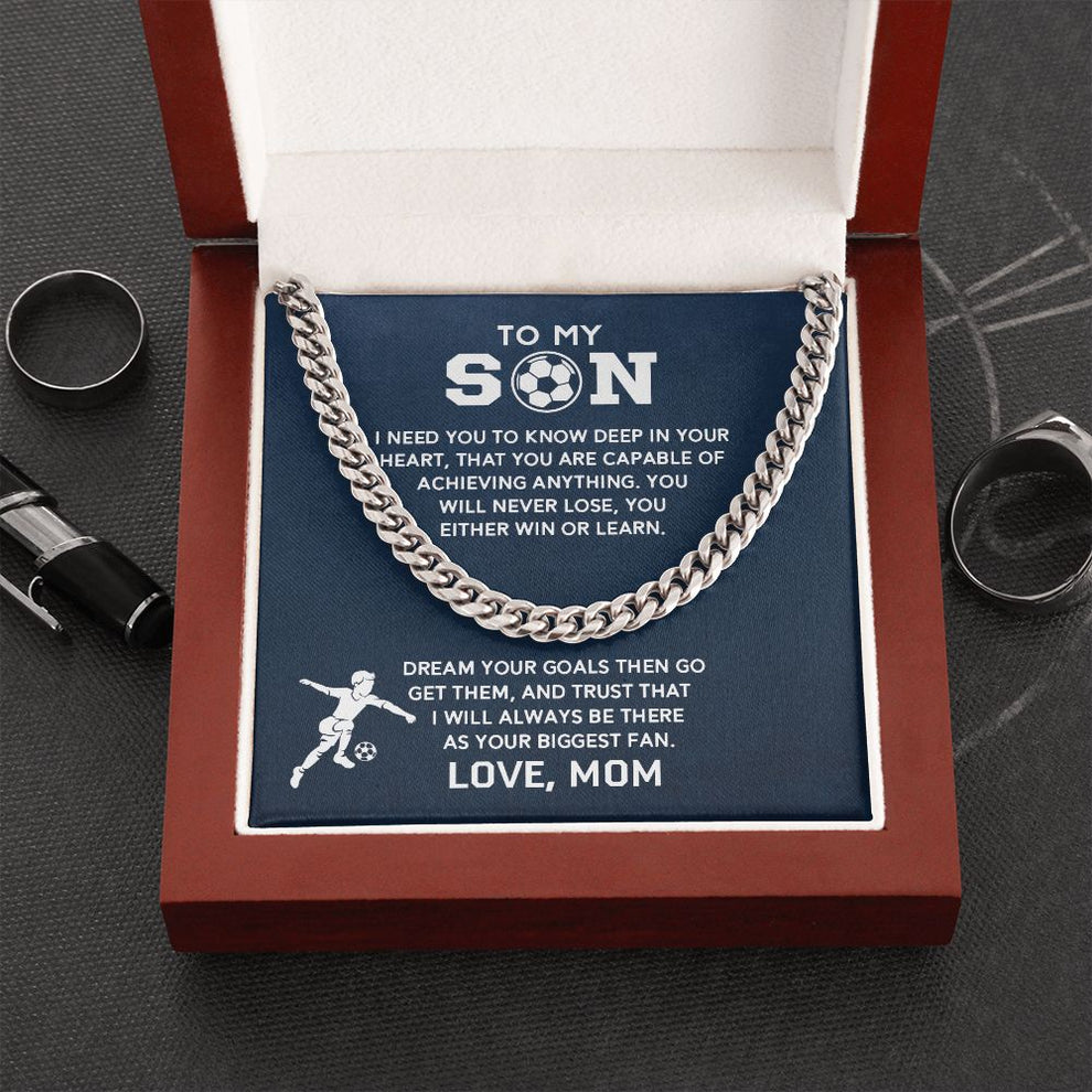 litzzy Cuban Link Necklace - Soccer Son, Biggest Fan - To My Son Gift, Son Love Soccer Jewelry STAINLESS STEEL LUXURY BOX 
