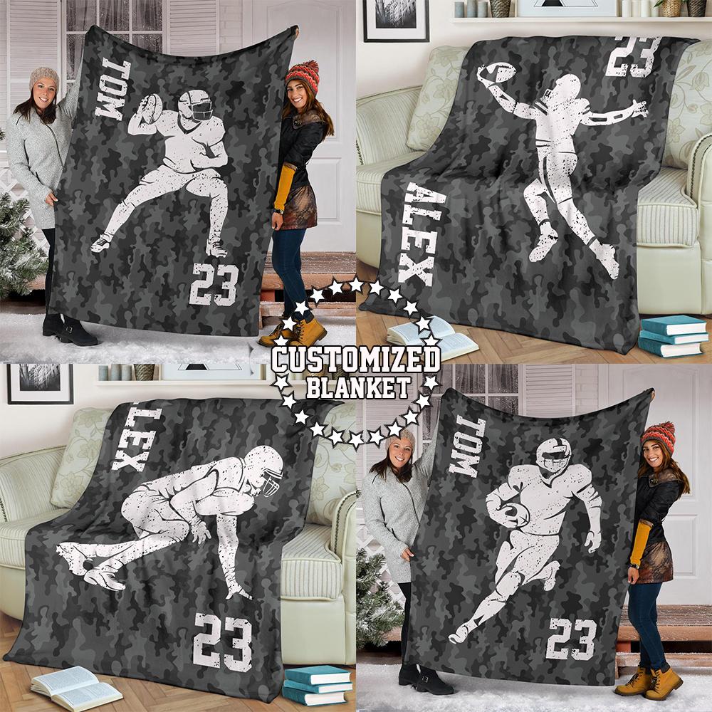 litzzy Personalized Football Player Grey Camo Fleece Blanket - Tltm0311203 Quilt Blanket   