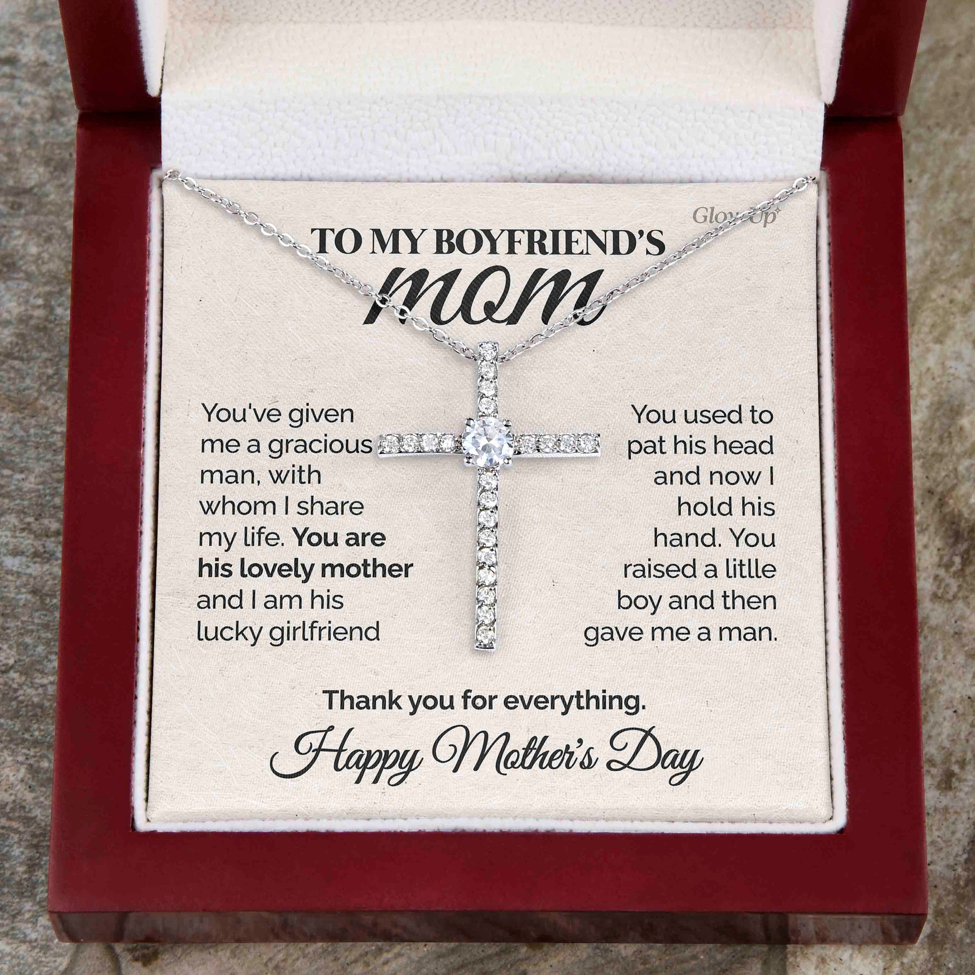 litzzy To my Boyfriend's Mom - Thank you - CZ Cross Necklace Jewelry Style Luxury Box  