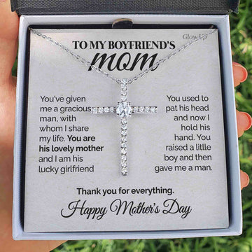 litzzy To my Boyfriend's Mom - Thank you - CZ Cross Necklace Jewelry Two-Toned Box  