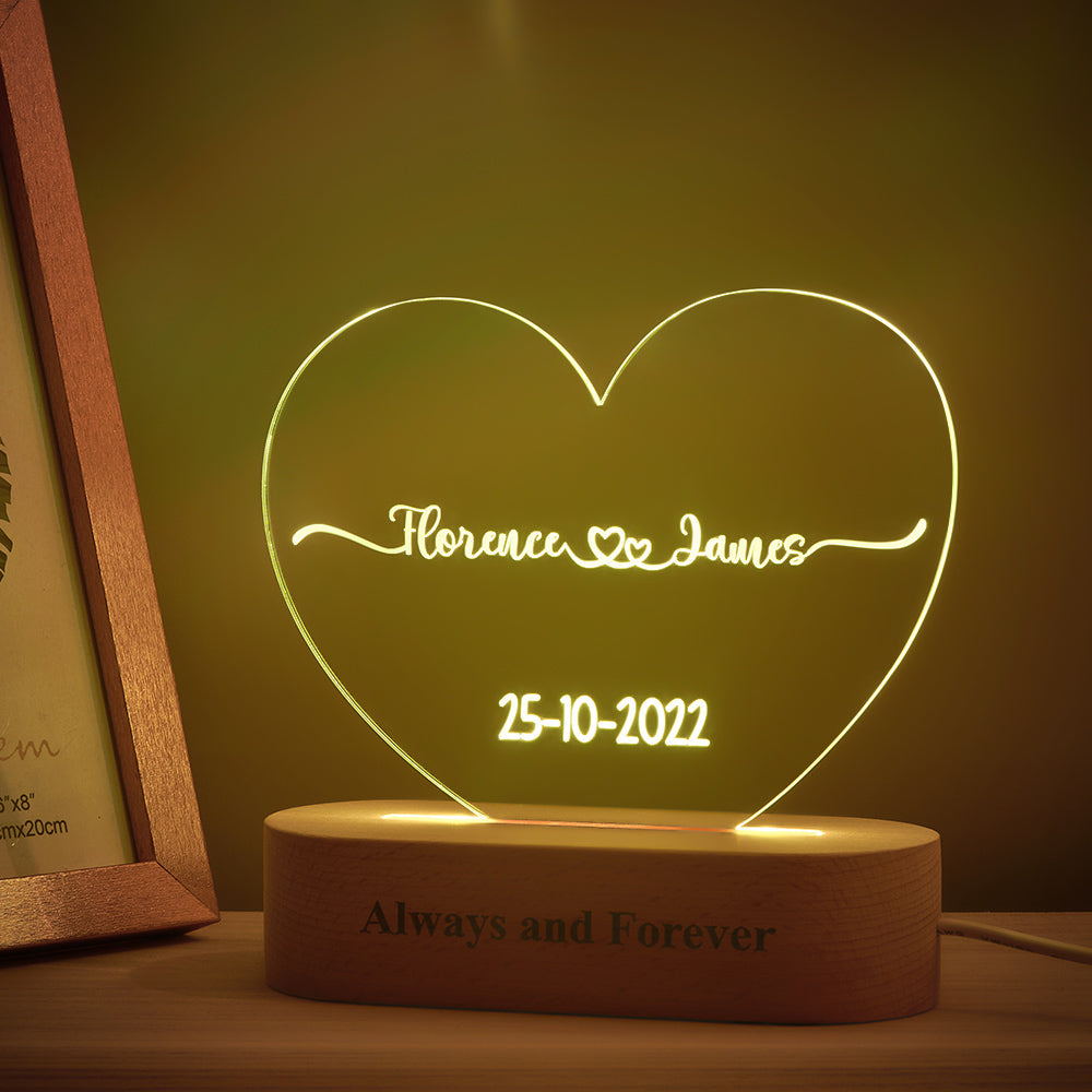litzzy Heart Shaped Acrylic Plaque Personalized Name and Date Night Light Acrylic Plaque   